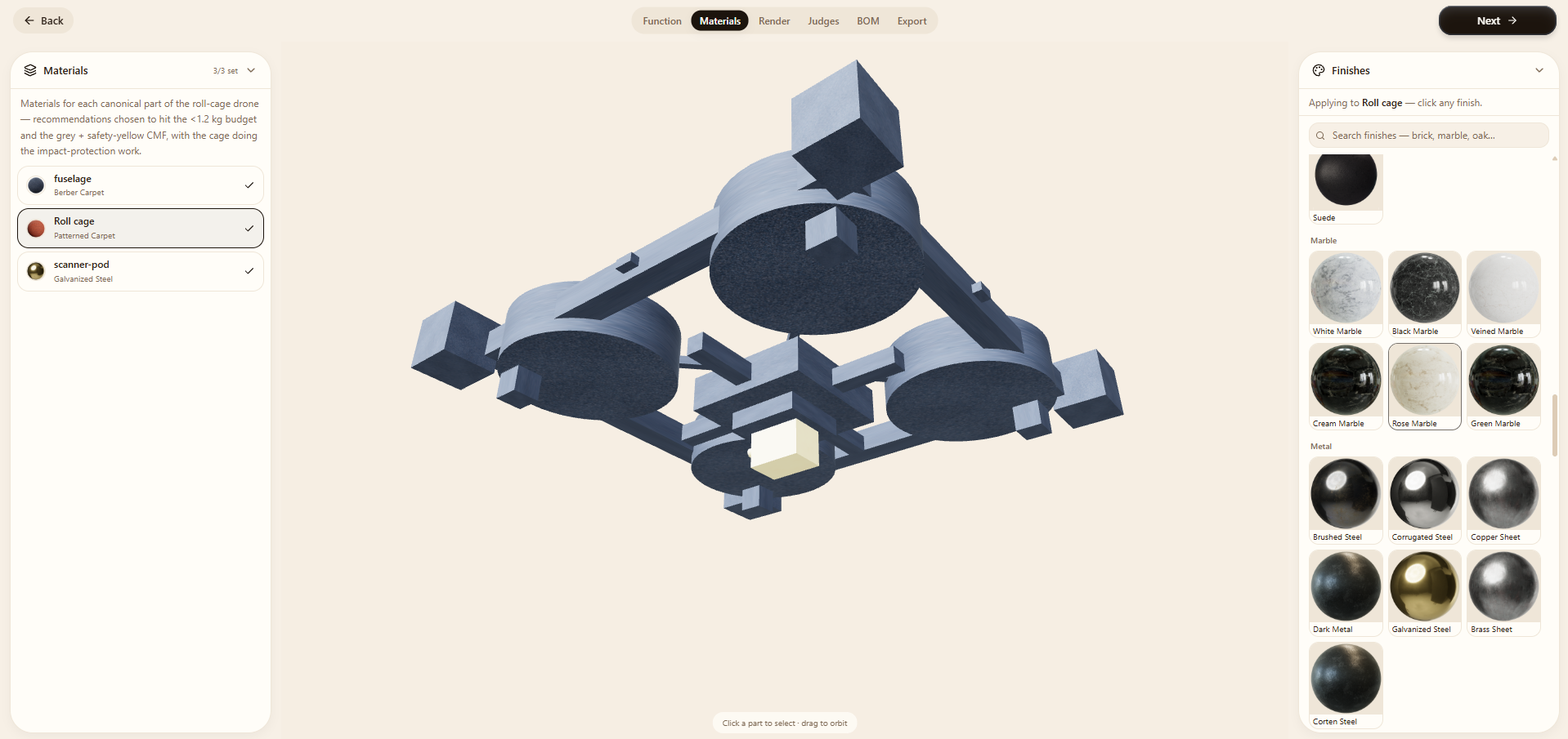 The Materials step, finishes applied to the 3D model with a finishes palette