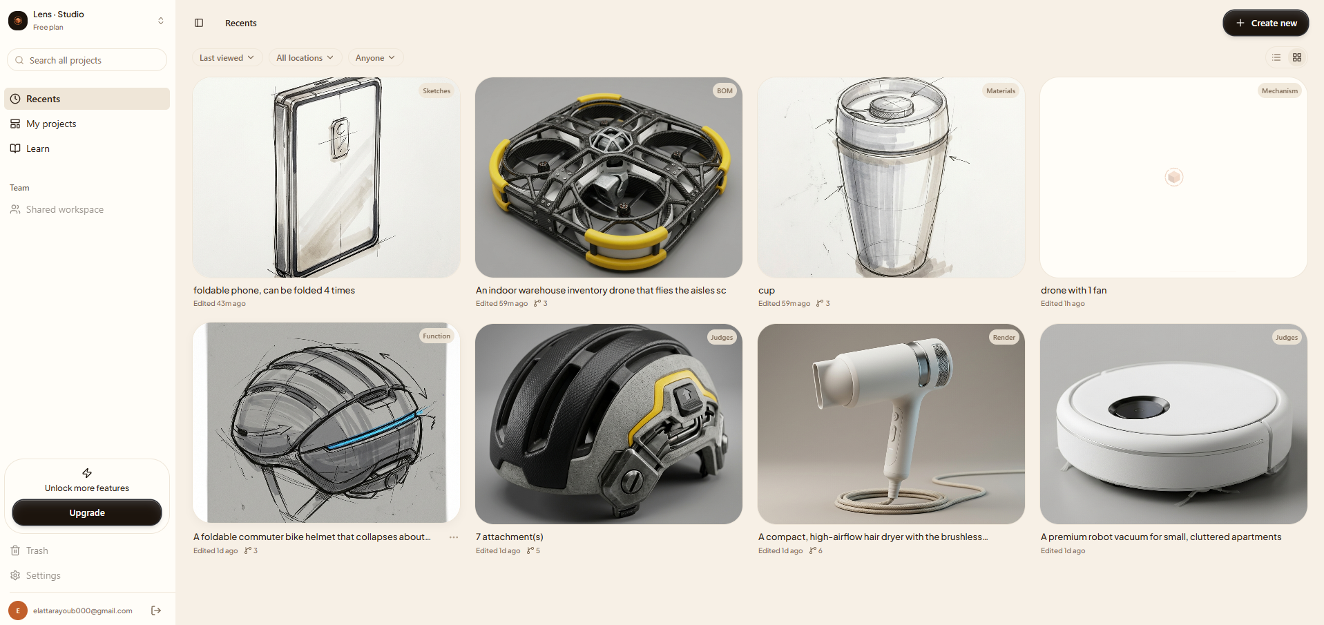 The Lens home dashboard with a grid of recent projects and the Create new button