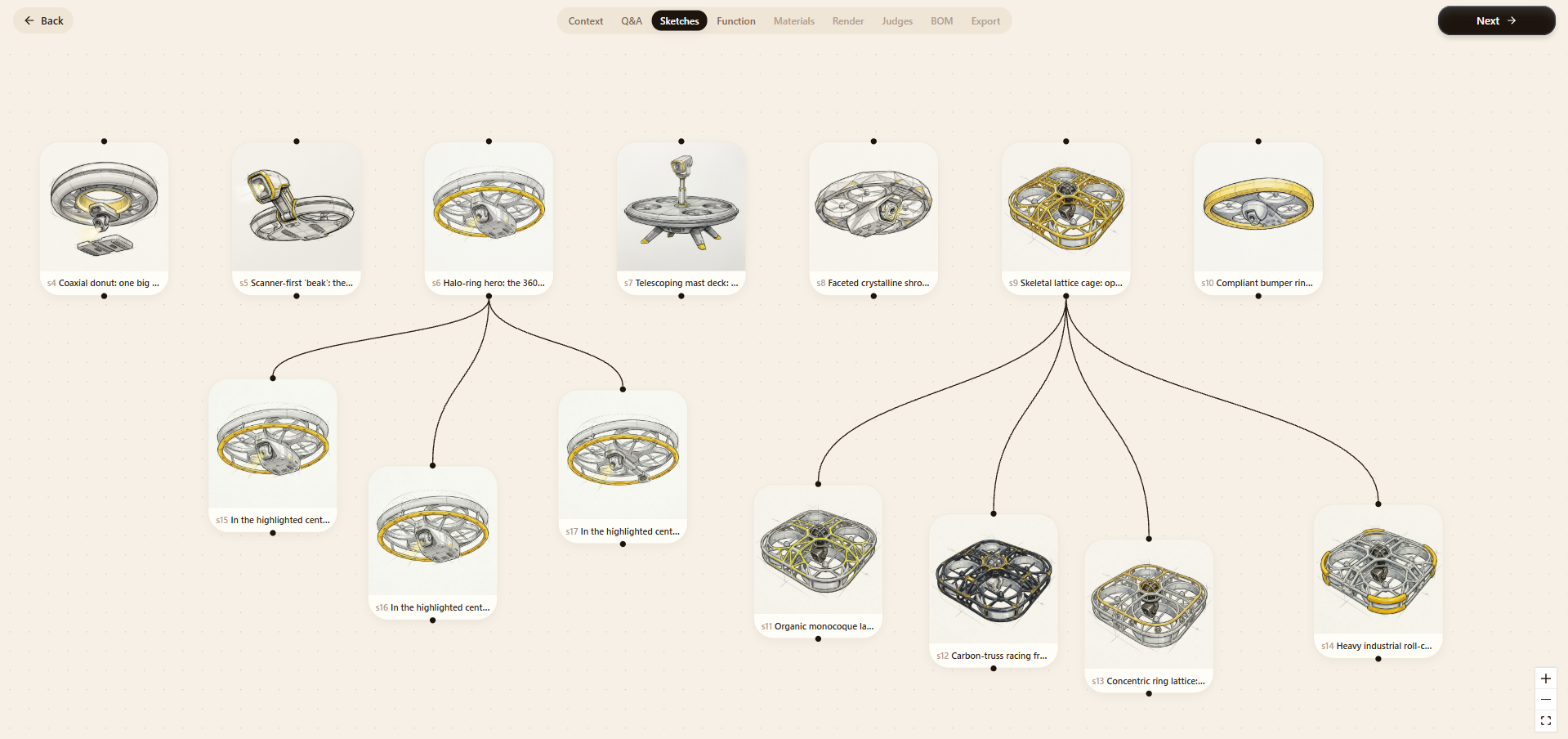 The Sketches wall showing a branching tree of distinct drone concept directions